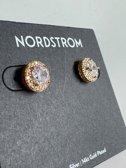 $98 Nordstrom Halo 14K Gold Plated Stud Earrings Sterling Silver Cubic Zirconia