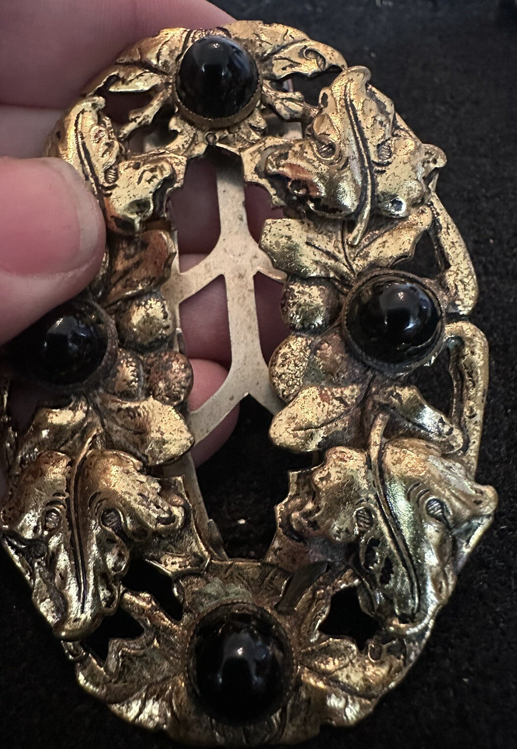 Antique Art Nouveau Ivy Leaf Brass Fur Clip Dress Clip Brooch Black Glass
