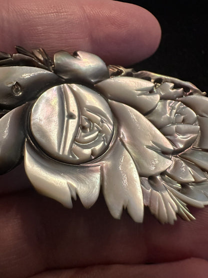 Antique Mother Of Pearl Carved Floral Victorian Brooch Pin - Stunning - Estate
