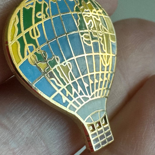 Vintage World Map Globe Hot Air Balloon Enamel Pin – Map of Continents Design
