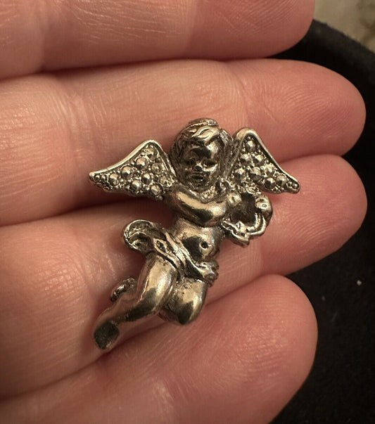 AVON Angel Lapel Pin Silver Tone Faux Marcasite Cherub Wings