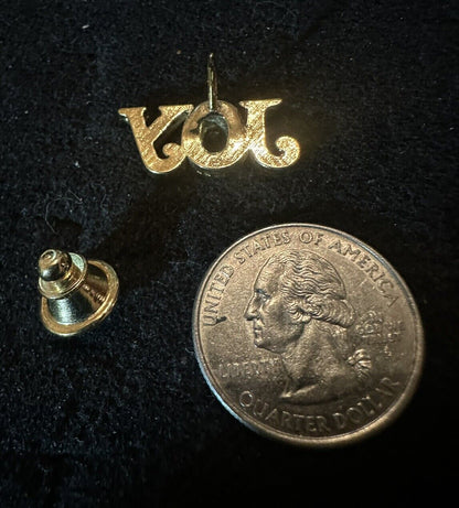 Vintage Avon Joy Lettering Gold Tone W/ Rhinestones Lapel Pin Tie Tack EUC