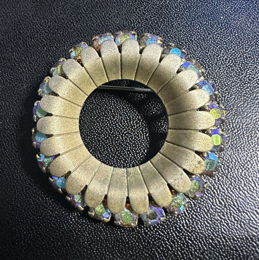 Vintage Round AB Rhinestone Matte Gold Circle Pin Brooch