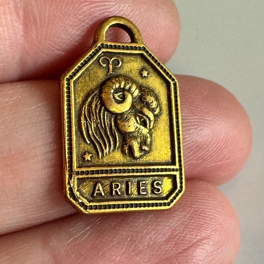 Vintage 1930s-1940s Zodiac Brass Charm ARIES Gold Tone Astrology NOS