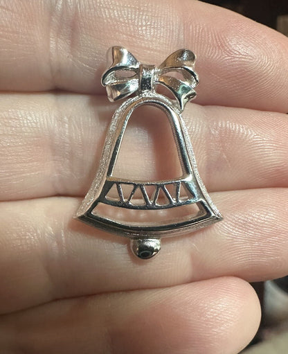 Vintage Silver Bell Bow Holiday Tie Tack Lapel Pin Christmas Tone