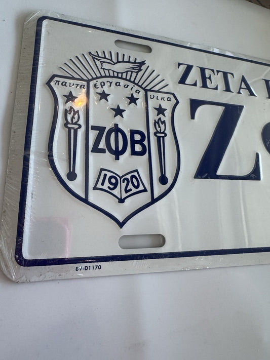 Vtg New Old Stock Zeta Phi Beta Sorority License Plate White Blue  Sorority