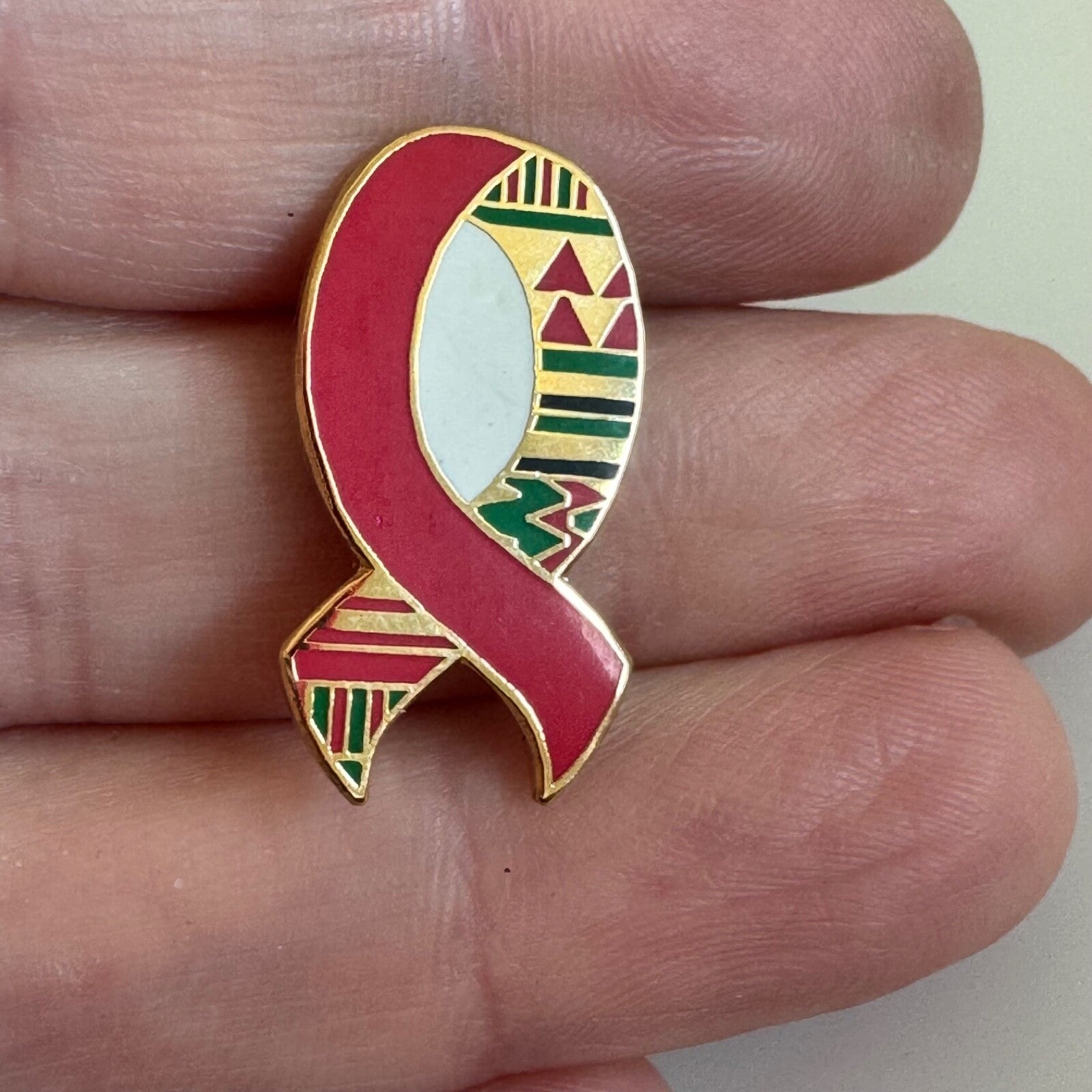 Vintage African Kente Red Ribbon Awareness Pin