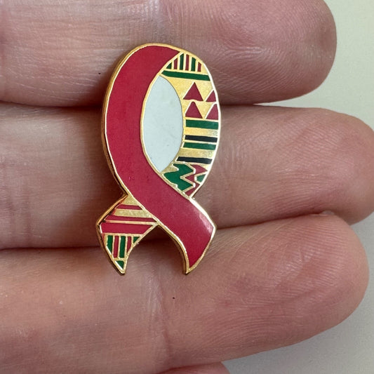 Vintage African Kente Red Ribbon Awareness Pin
