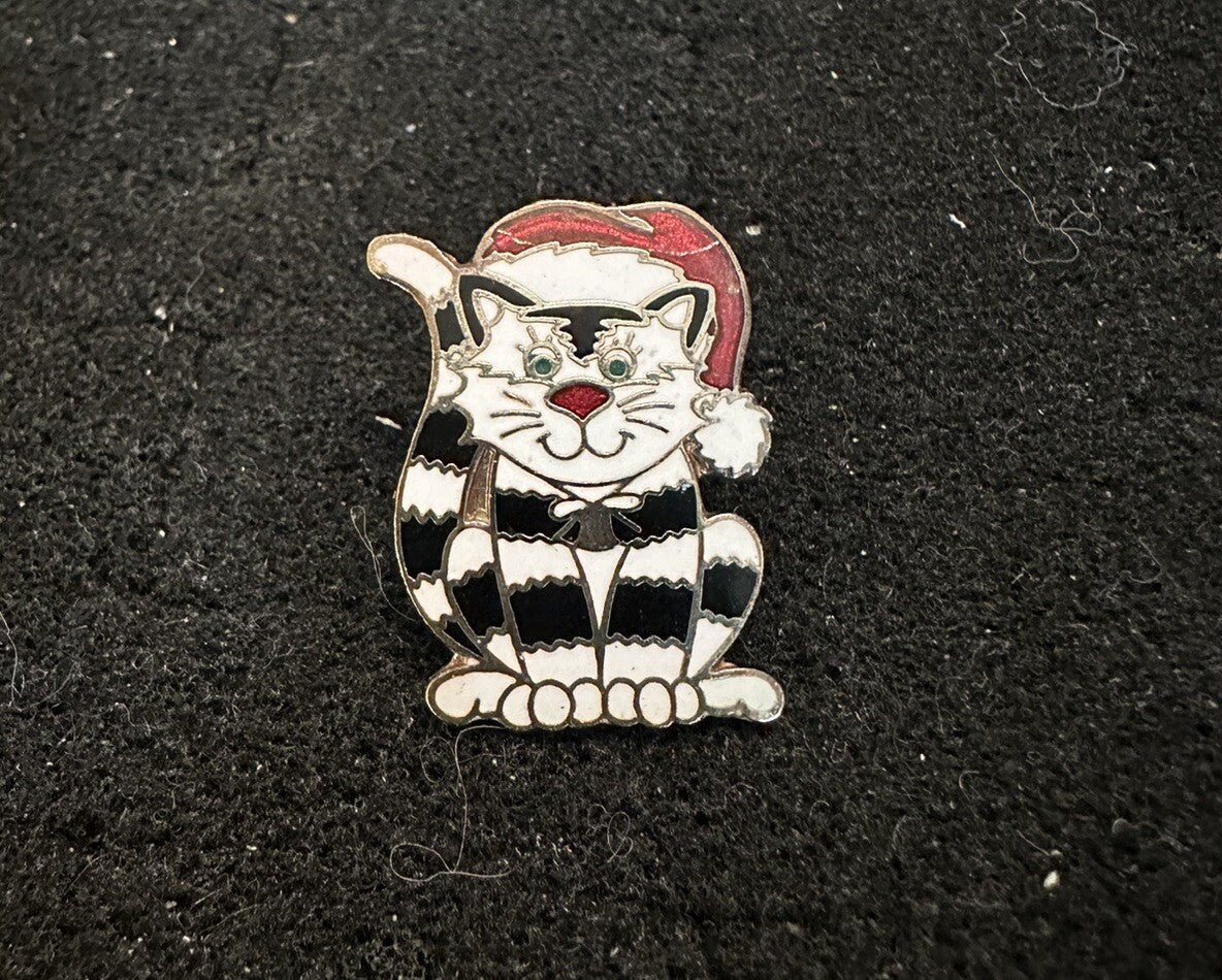 VTG  Christmas Santa Cat PIN  Black White Striped Enamel Signed Centennia 1979