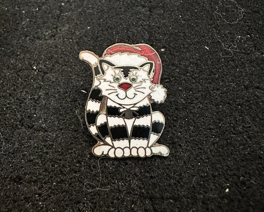VTG  Christmas Santa Cat PIN  Black White Striped Enamel Signed Centennia 1979