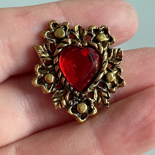 Red Jeweled Heart Brooch – Ornate Floral Vintage Pin