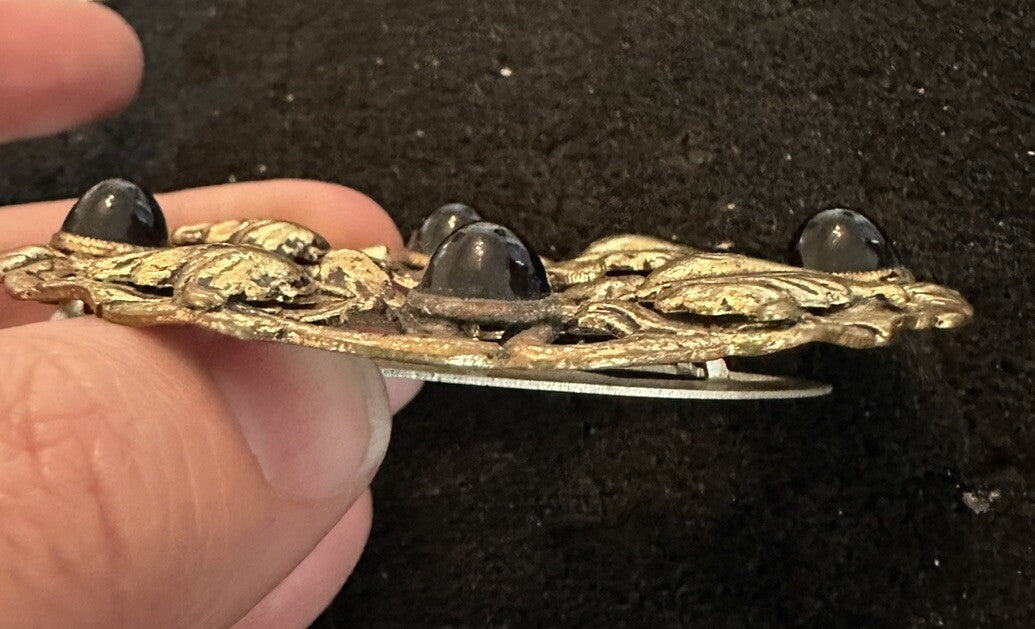 Antique Art Nouveau Ivy Leaf Brass Fur Clip Dress Clip Brooch Black Glass