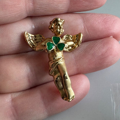 Vintage Angel Holding Shamrock Pin Tie Tack Gold Tone w Enamel St Patricks