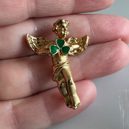 Vintage Angel Holding Shamrock Pin Tie Tack Gold Tone w Enamel St Patricks