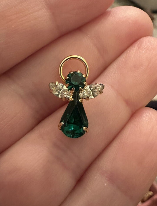 Angel with Green Gemstones Gold Tone Vintage Lapel Pin