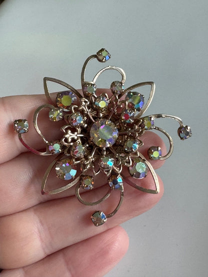 Aurora Borealis Rhinestone Starburst Brooch – Mid-Century Sparkle AB