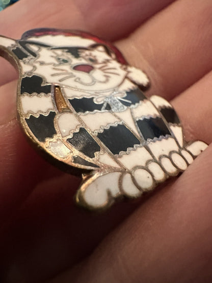 VTG  Christmas Santa Cat PIN  Black White Striped Enamel Signed Centennia 1979