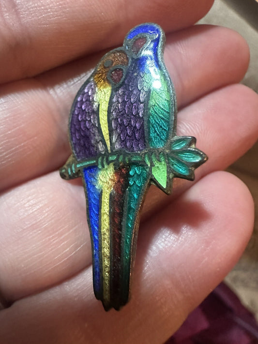 Antique Guilloche Love Birds on a Branch Brooch Cloisonné Enamel Pin Parrots