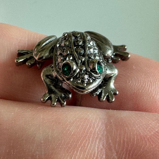 Vintage Frog Lapel Pin Tie Tack Sim. Marcasite Green Eyes 7/8" Silver Tone