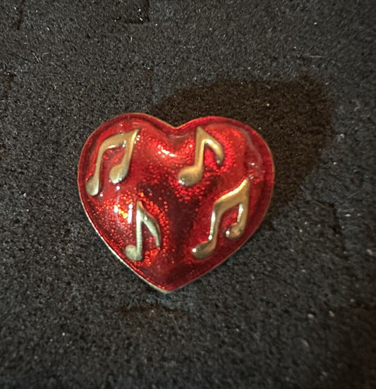 Gold Tone Red Enamel Music Note Heart Brooch Pin New