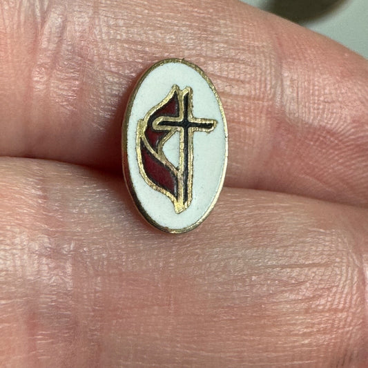 Vintage Methodist Church Flame Cross Oval Pin – White and Red Enamel United