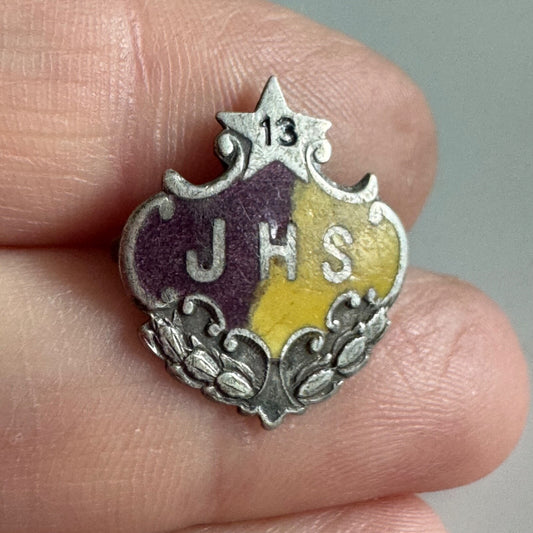 Antique JHS Jamestown High School 1913 Sterling Silver Purple Yellow Pin