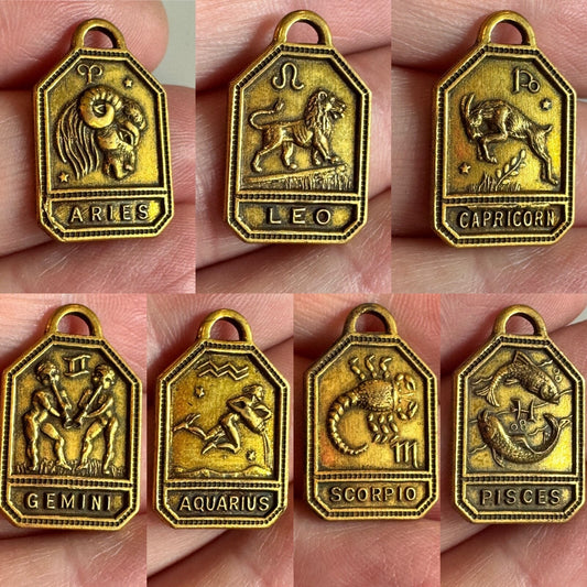 Vintage Zodiac Pendants 1930s-1940s Brass Charm Gold Tone NOS Astrology