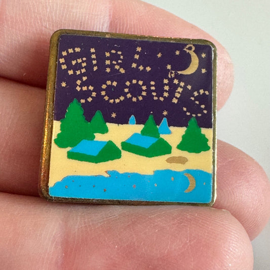 Vintage Girl Scouts Night Camp Pin – Tents, Stars & Lake Scenic Enamel