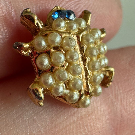 Pearl Ladybug Brooch – Faux Pearl Bug Pin with Blue Crystal Eyes