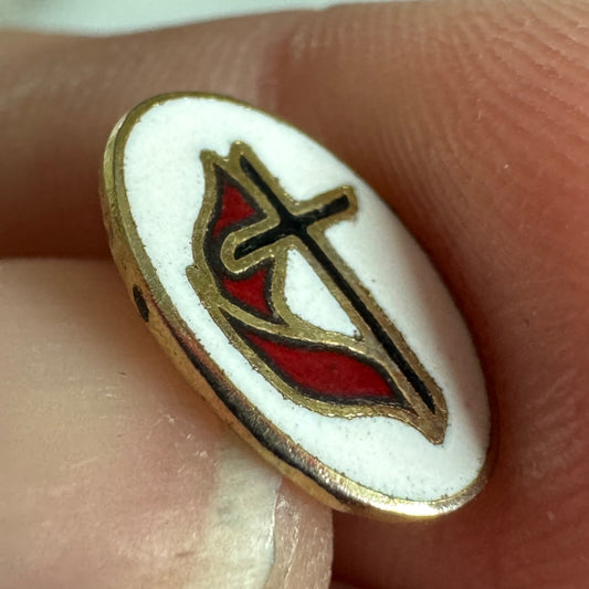 Vintage Methodist Church Flame Cross Oval Pin – White and Red Enamel United