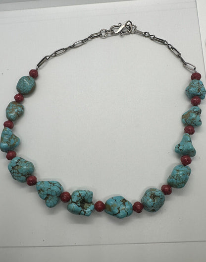 925 STERLING SILVER BLUE TURQUOISE AND RED CORAL NECKLACE