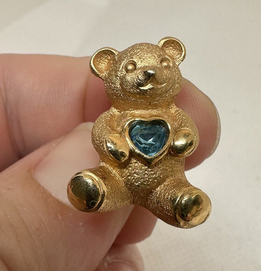 Vintage Avon Birthstone Gold-Tone Bear Pin Tie, Lapel, Hat - Aquamarine March