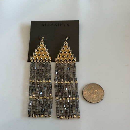 AllSaints Pyramid Beaded Fringe Drop Earrings in Gold New on Card $125