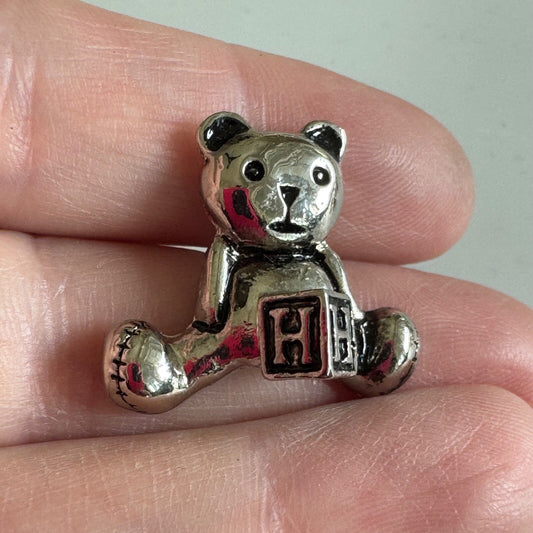 Vintage Silver Teddy Bear Brooch – Toy Bear Pin with Alphabet Block 'H'