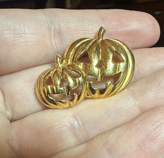 Jack-O-Lantern Halloween Brooch Vintage Avon 1990 Double Pumpkin Gold Tac Pin