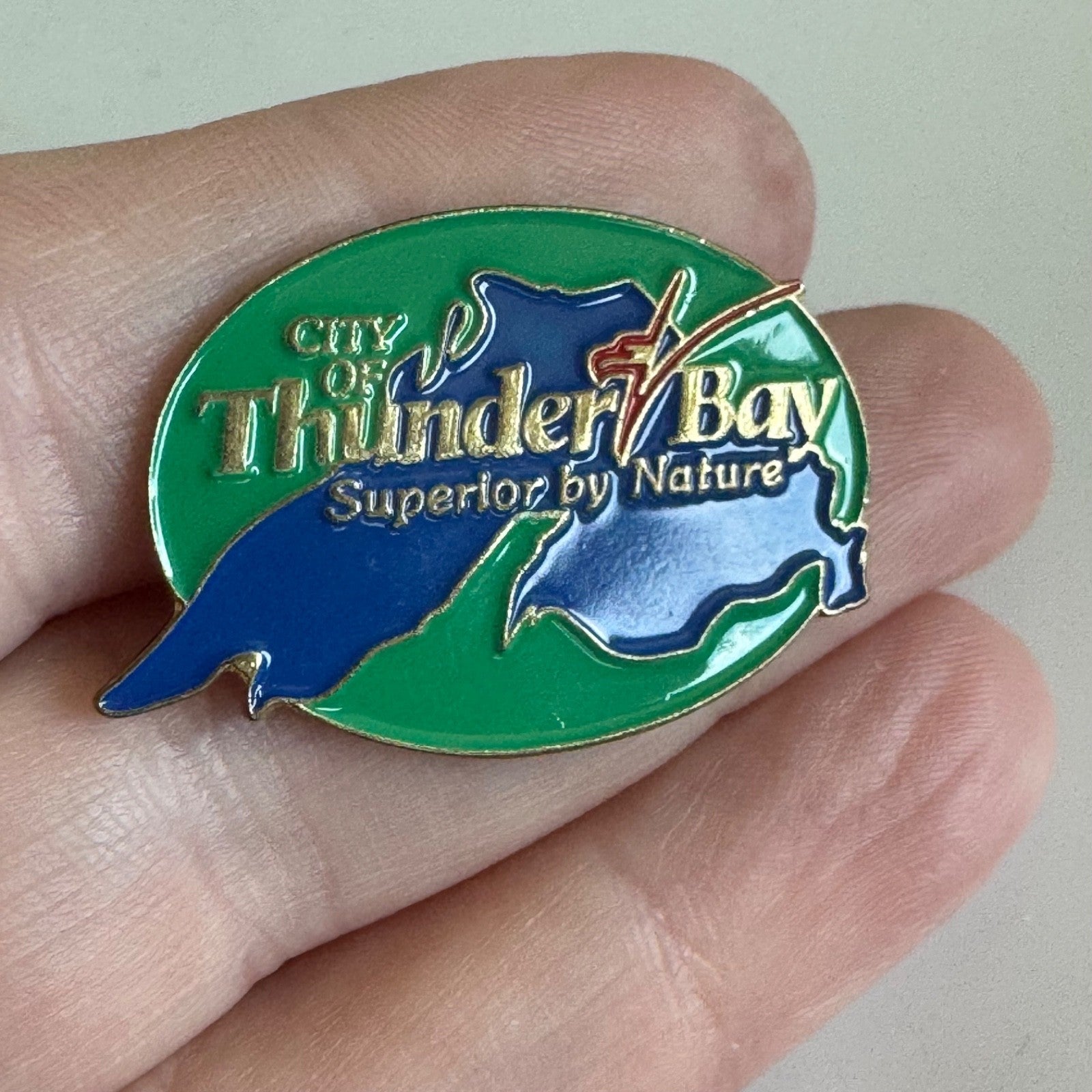 Vtg Thunder Bay Ontario Canada Map Lapel Pin Superior by Nature Green