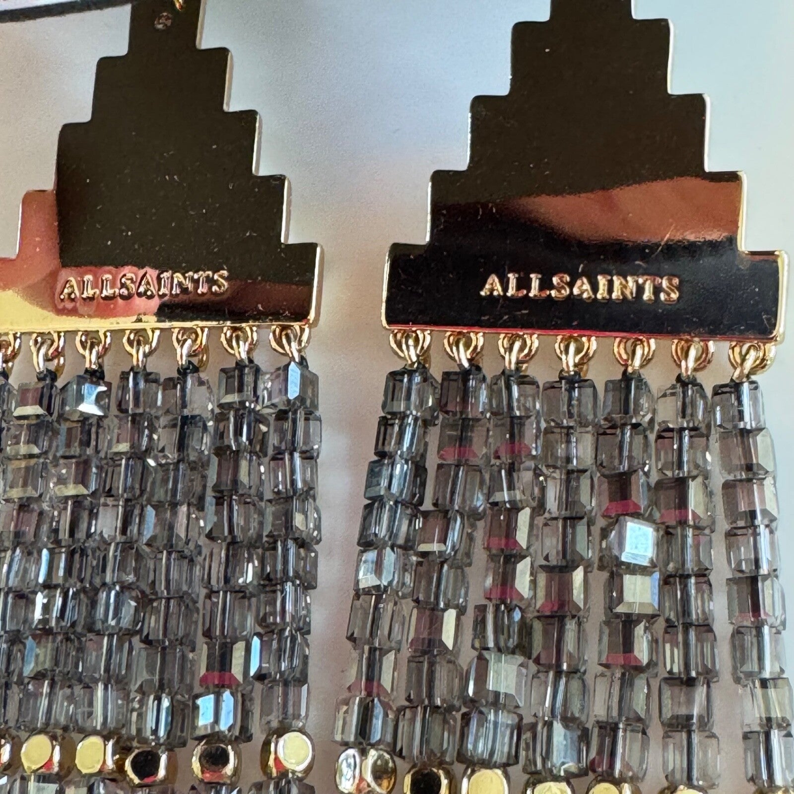 AllSaints Pyramid Beaded Fringe Drop Earrings in Gold New on Card $125