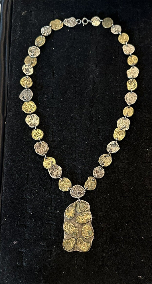 Vintage ANNE DICK Early Unsigned Brutalist Link Necklace Bronze Sterling Clasp