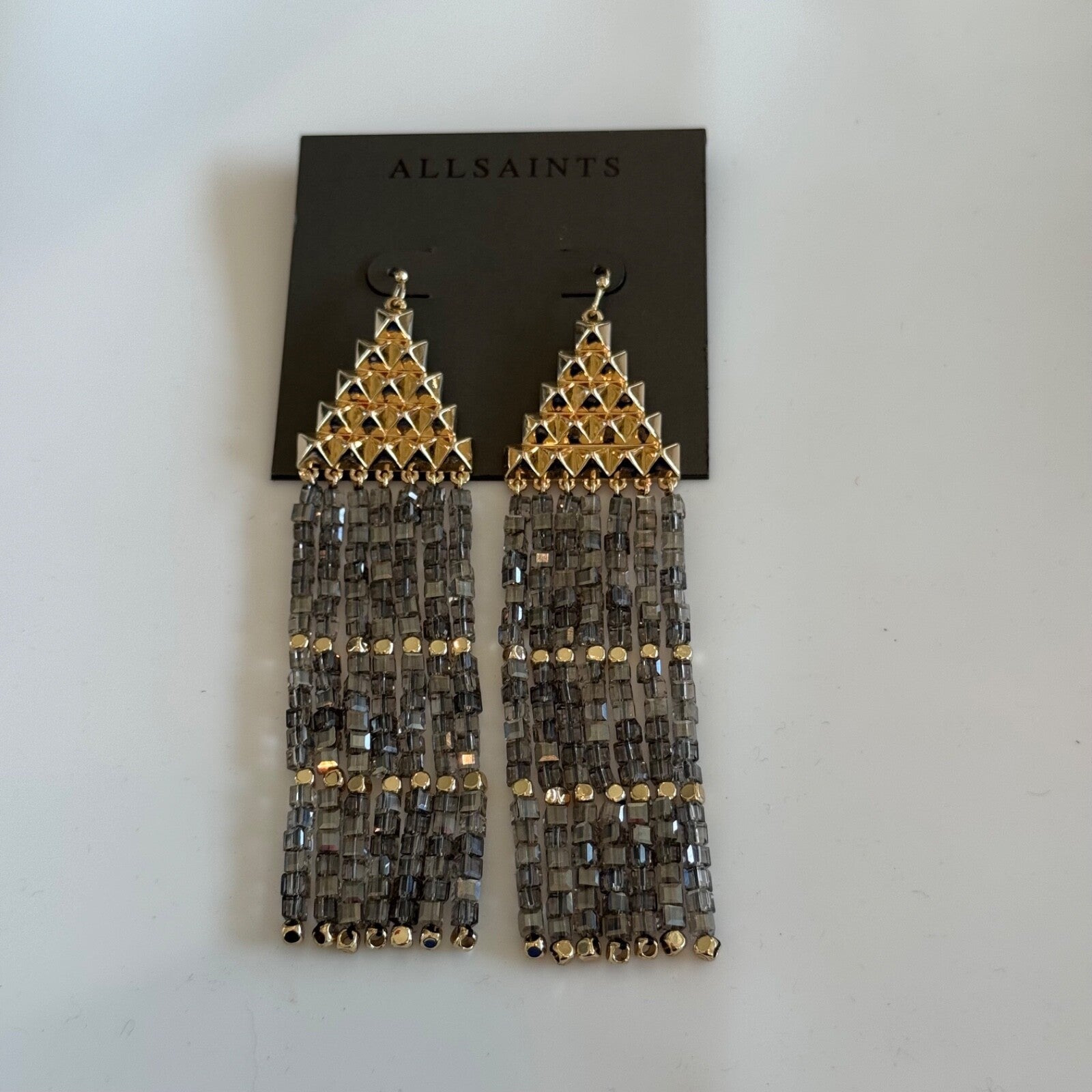 AllSaints Pyramid Beaded Fringe Drop Earrings in Gold New on Card $125