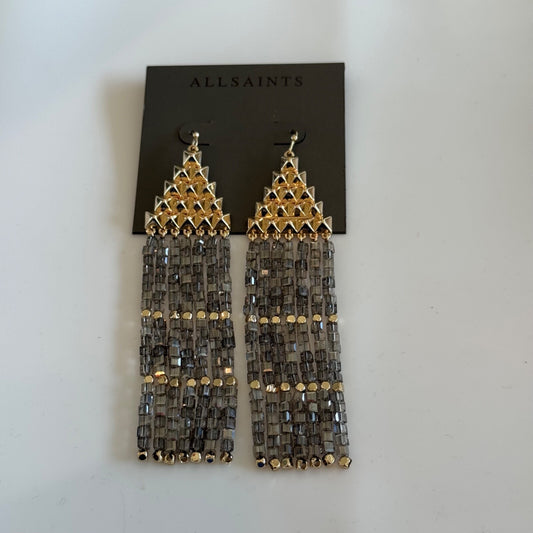 AllSaints Pyramid Beaded Fringe Drop Earrings in Gold New on Card $125