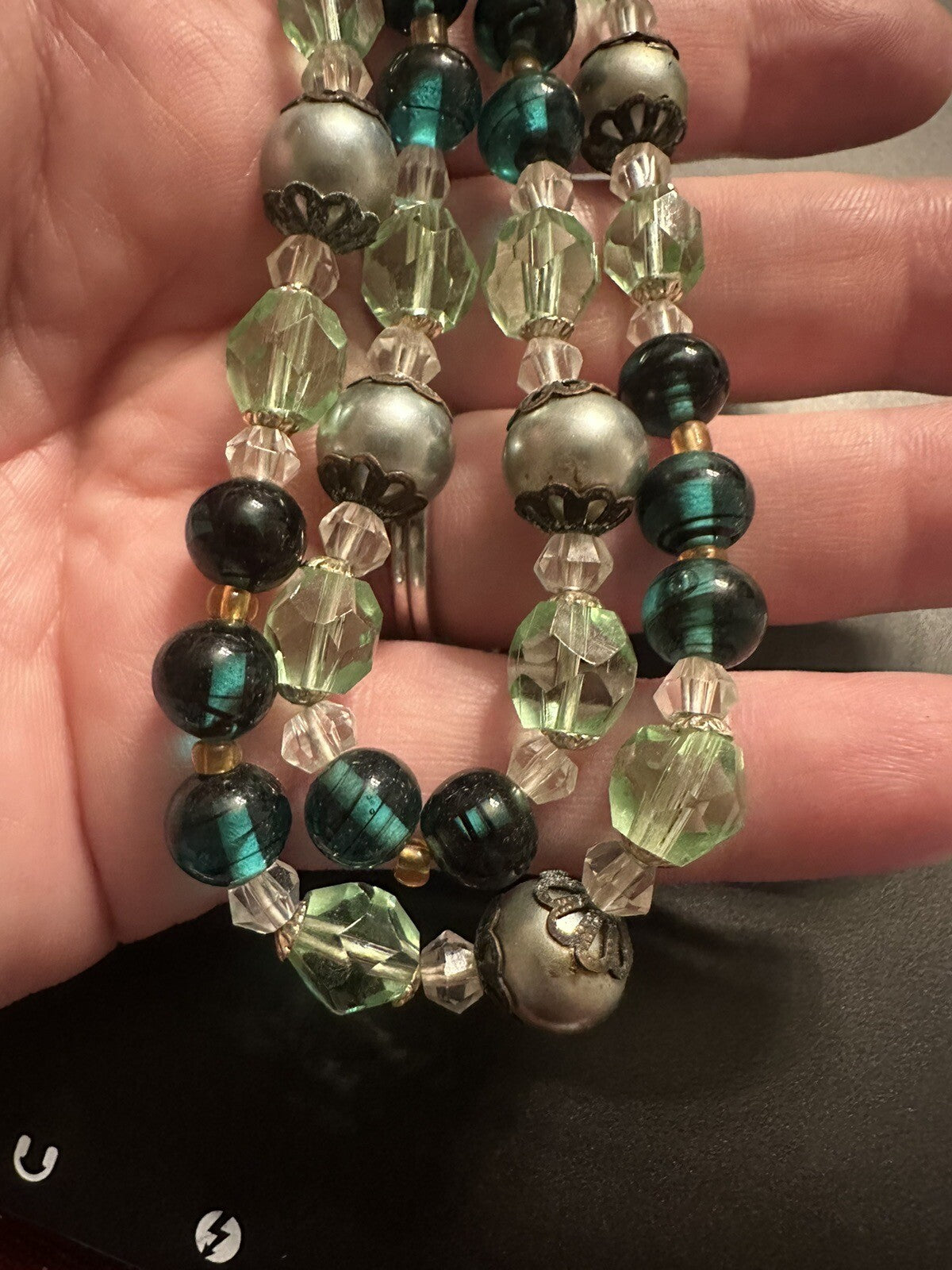 Signed Crown TRIFARI Vintage Green & Gold Multistrand Two 2 Strand Bead Necklace