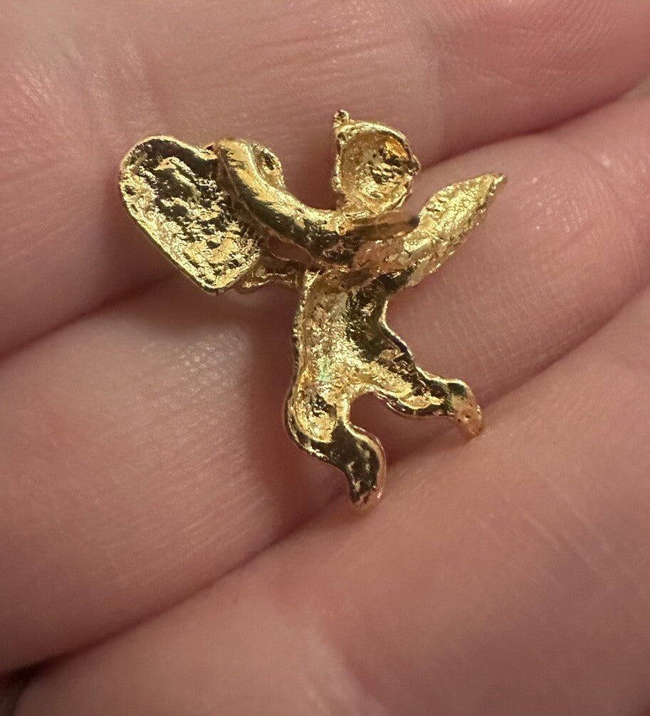 Gold Colored Cupid Holding Red Enamel Heart With Rhinestone Lapel Pin