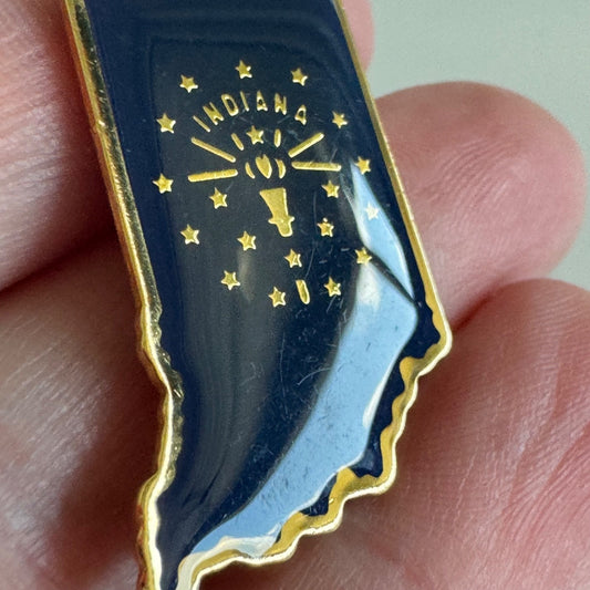 Vintage Indiana State Shape Flag Themed Enamel Pin – Navy Blue with Torch Stars