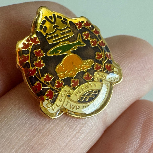 Vtg Twp of Ramara Ontario Canada Crest Beaver Enamel Lapel Hat Pin Badge