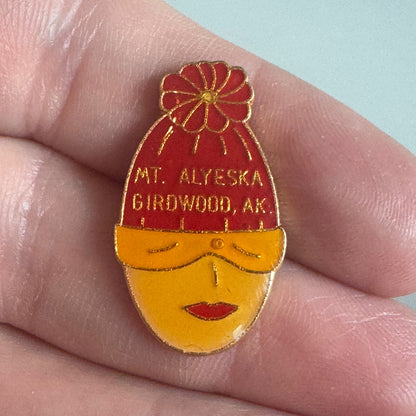 Vintage Mt. Alyeska Girdwood Alaska Ski Pin – Red Hat Girl Design 1970s- 1980s