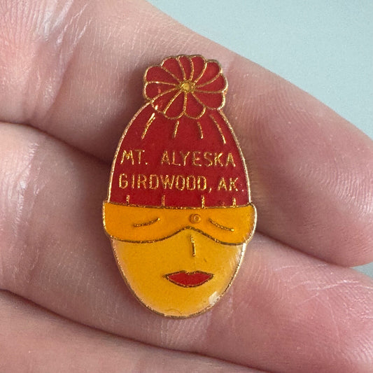 Vintage Mt. Alyeska Girdwood Alaska Ski Pin – Red Hat Girl Design 1970s- 1980s