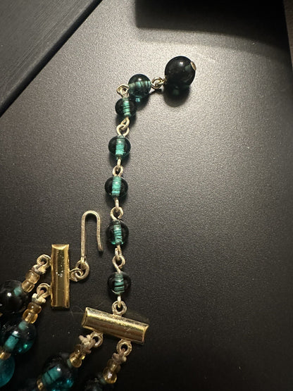 Signed Crown TRIFARI Vintage Green & Gold Multistrand Two 2 Strand Bead Necklace