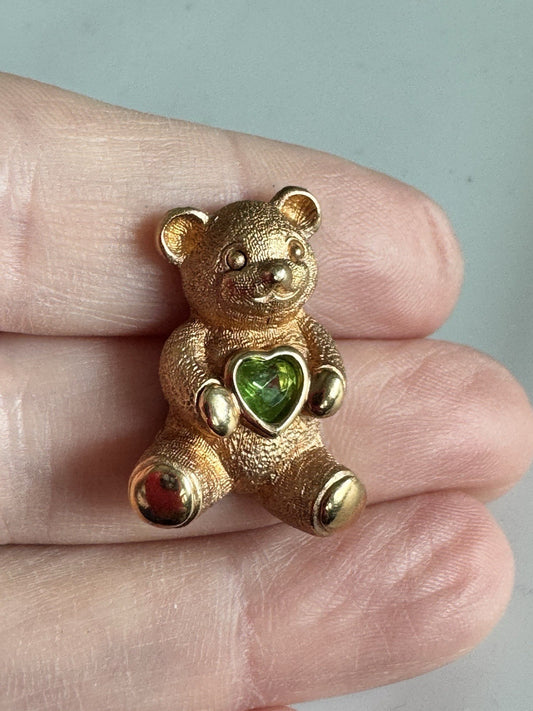 Vintage Avon Birthstone Gold-Tone Bear Pin Tie, Lapel, Hat - Peridot August