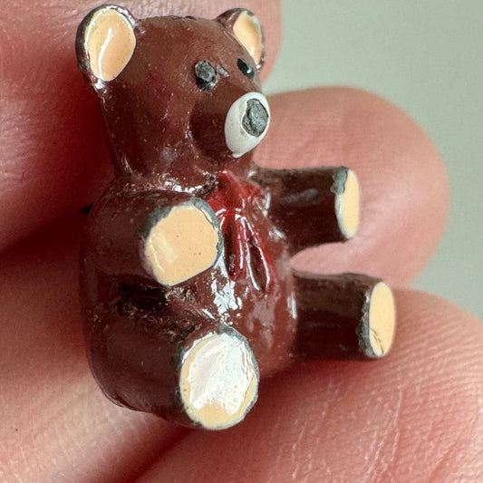 Vintage Brown Enamel Teddy Bear Pin Brooch – Cute Vintage Toy with Red Bow