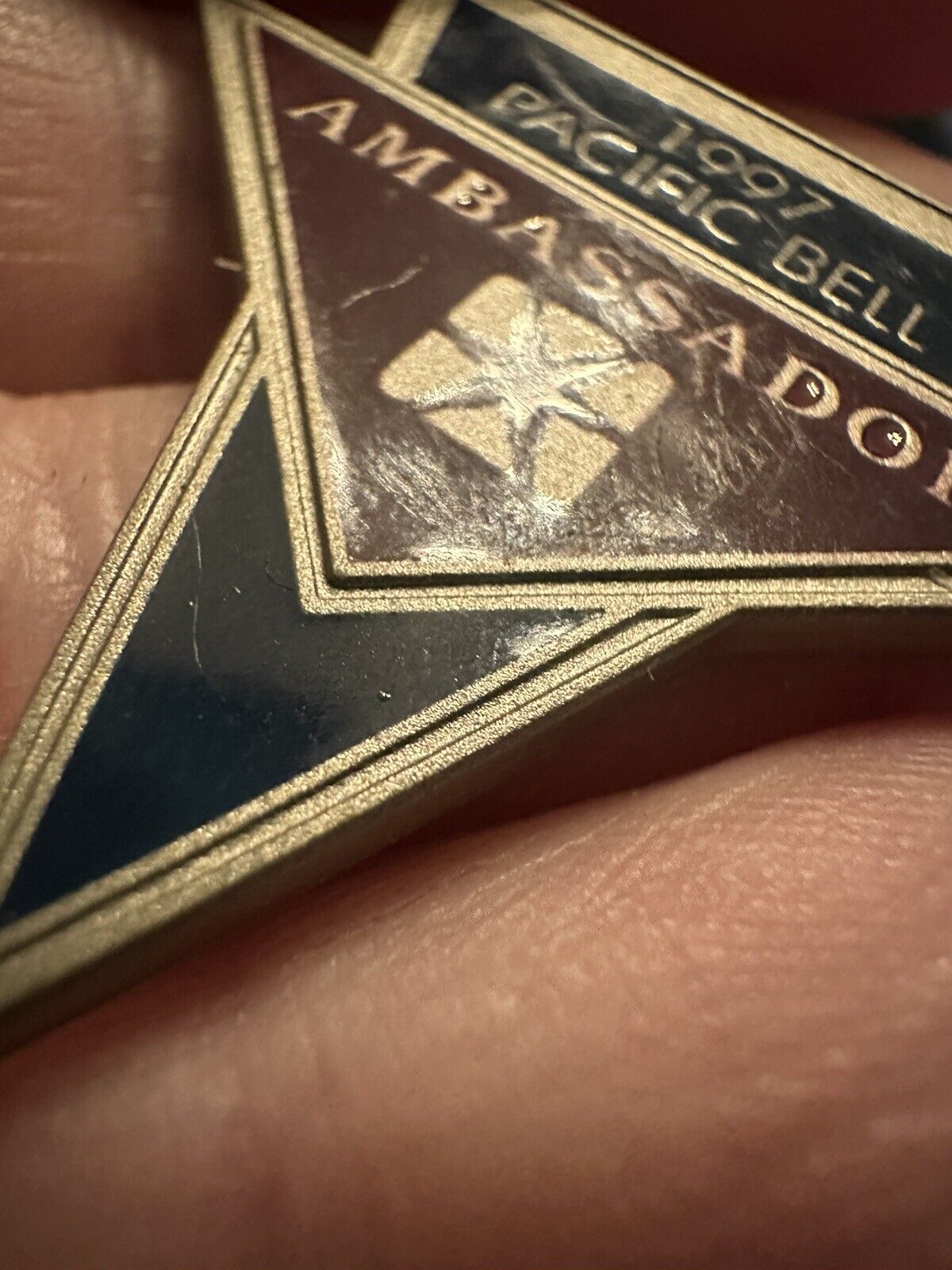 1997 Pacific Bell Ambassador Lapel Pin Pac Bell Bronze Tone & Blue Red Embossed